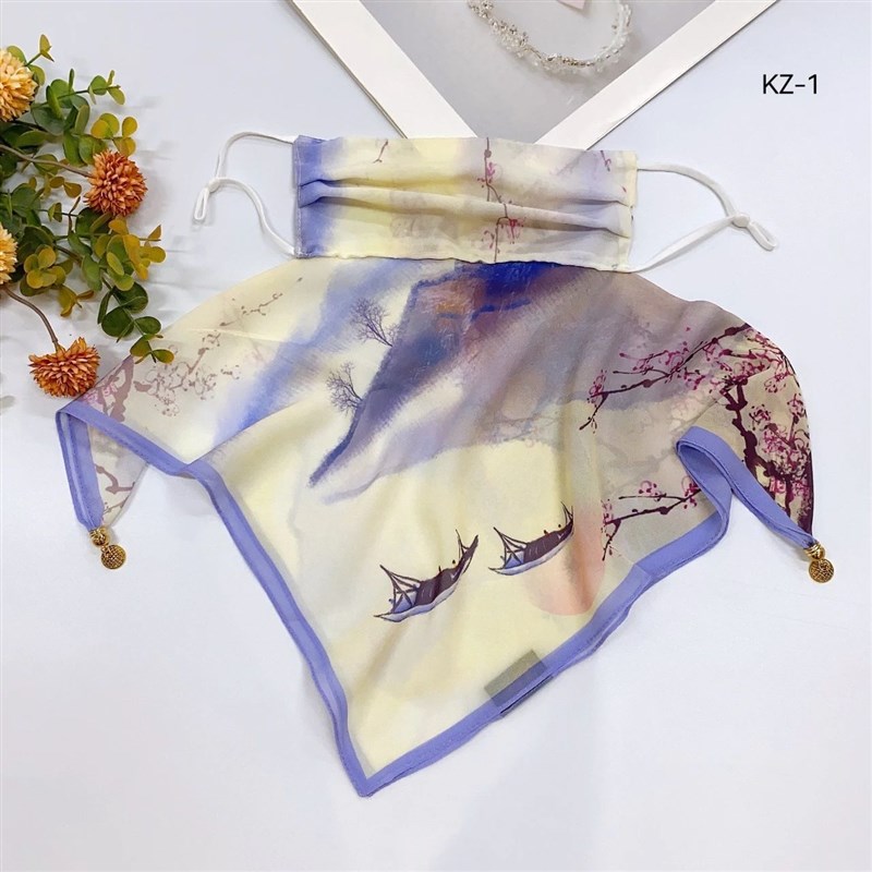 薯莨纱磁吸扣面罩口罩雪纺渐变布料印花雪K纺古风面料防晒面纱口