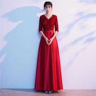 大合唱团服装女长裙主持人亮片酒红D礼服唱红歌演出服端庄大气队