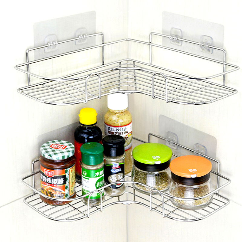 免打孔转角置物架卫生间挂架厨房B加粗不锈钢金属厕浴室粘墙三角