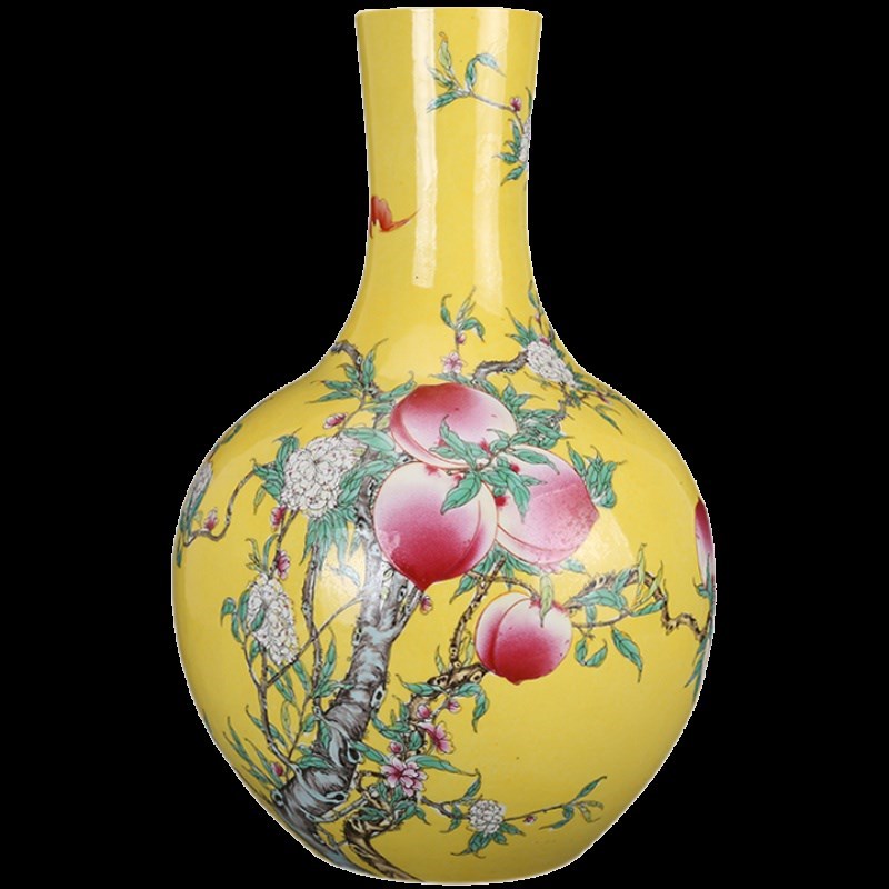 清雍正黄地粉f彩九桃天球瓶彷古瓷器古董古玩老货收藏品花瓶摆件