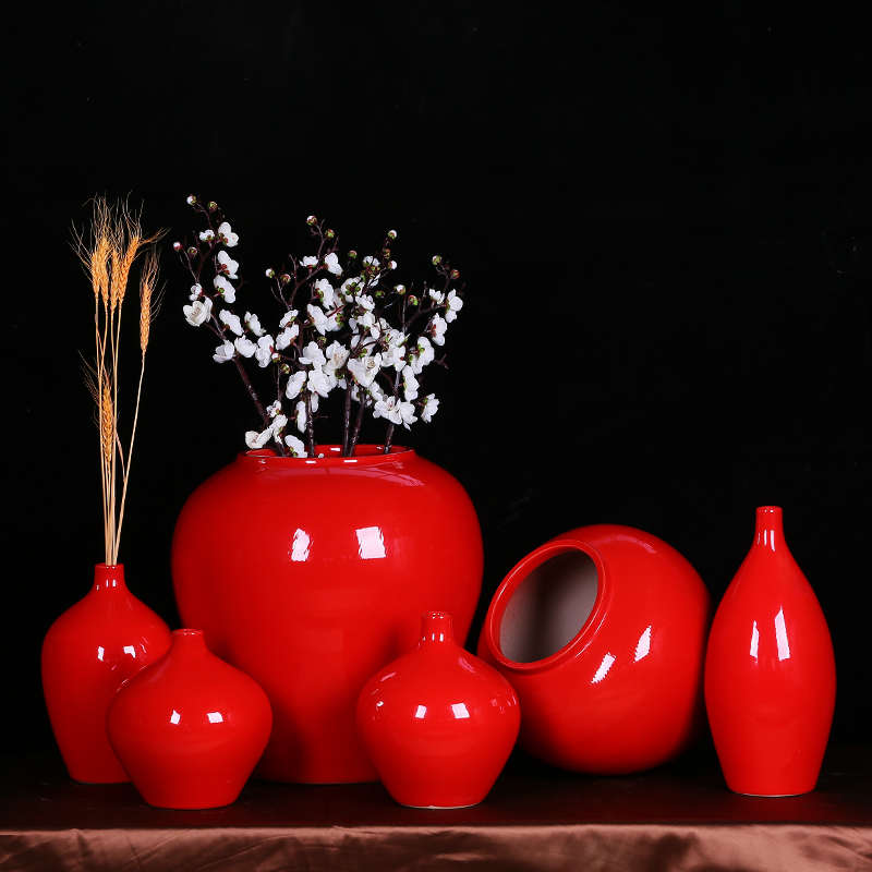 中国红色落地陶瓷器结o婚花瓶摆件用客厅婚房酒店餐厅简约插干花