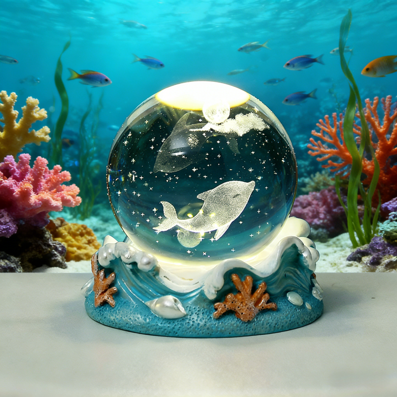 LED发光水母海豚水晶球小夜灯摆件海洋风生日礼物女生送闺蜜实用