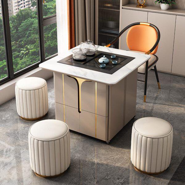 岩板移动升降茶台家用小户型多功能茶几电动一体阳台泡茶桌椅组合