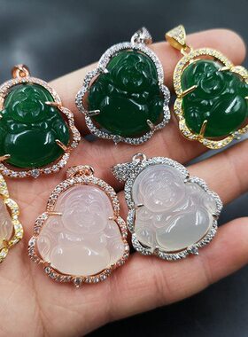 四海玉器 镶嵌绿玉髓玛瑙弥勒佛吊坠 绿玛瑙大肚佛玉坠 挂件