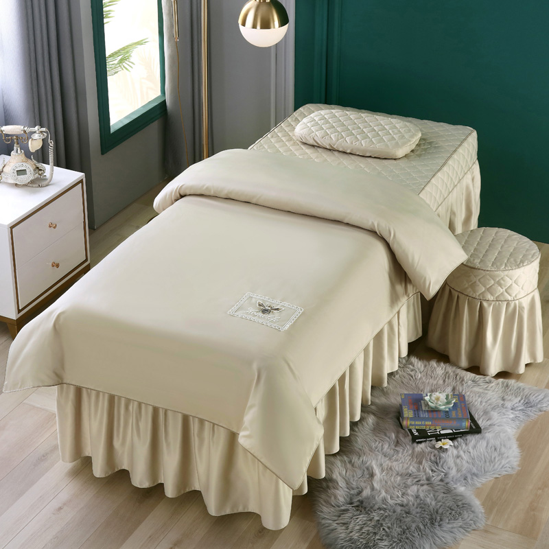 美容床罩四件套贡缎刺绣欧式纯色理疗按摩H带洞订做LOGO送被芯包