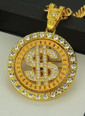 欧美爆款嘻哈个性潮牌项链 镶钻美元转动L吊坠项饰 夜店泡吧配饰