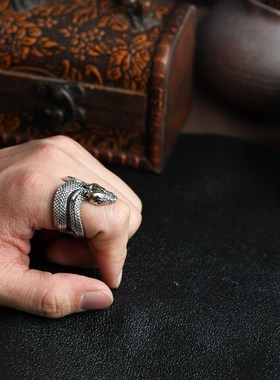 蛇戒指男潮c复古霸气镀925银开口指环小众设计蛇戒子生肖蛇男士款