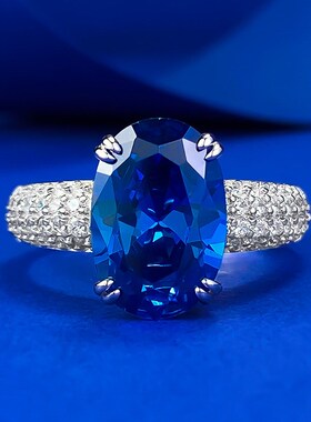 珠宝 新款仿真皇家蓝8*12椭圆戒G指女S925银简约指环订婚指环