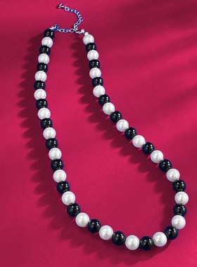 珠宝 强光正圆大颗8mm珍珠黑玛瑙F复古项链法式锁骨链40+5cm