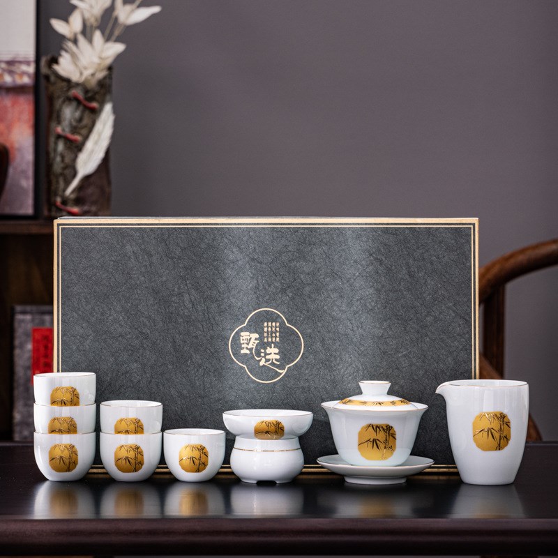 青白瓷茶具套装10头盖碗银行房地产商务礼品功夫陶瓷茶U具制定log