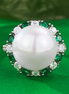 珠宝 2023新款925银欧美款贝I珠戒指镶嵌绿锆时尚百搭简约款