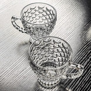 创意鱼鳞咖啡杯家用奢华高颜值杯子女精致甜品玻璃杯Vins风花茶杯