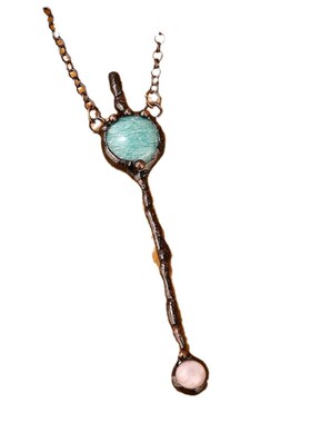 一条复古风天然天河石q圆饼组合粉晶圆饼宝剑吊坠项链女士派对礼