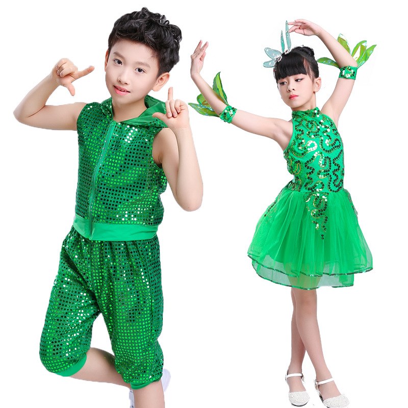 儿童小草演出服亮片爵士表演w服装舞蹈纱裙幼儿树叶服装绿色蓬蓬