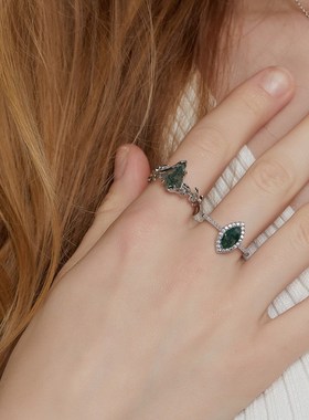 跨境新款橄榄枝天然绿苔藓石戒指S925银J镶水草玛瑙几何食指戒欧