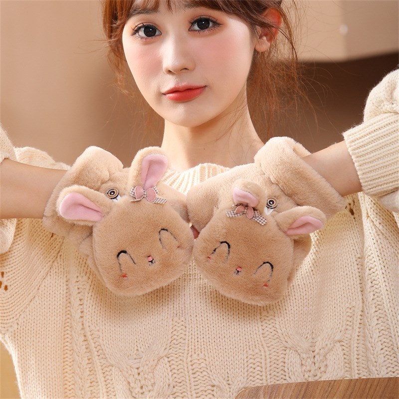 毛绒翻盖漏指手套m女冬天加绒保暖可爱御寒学生写字防冻骑车冬季