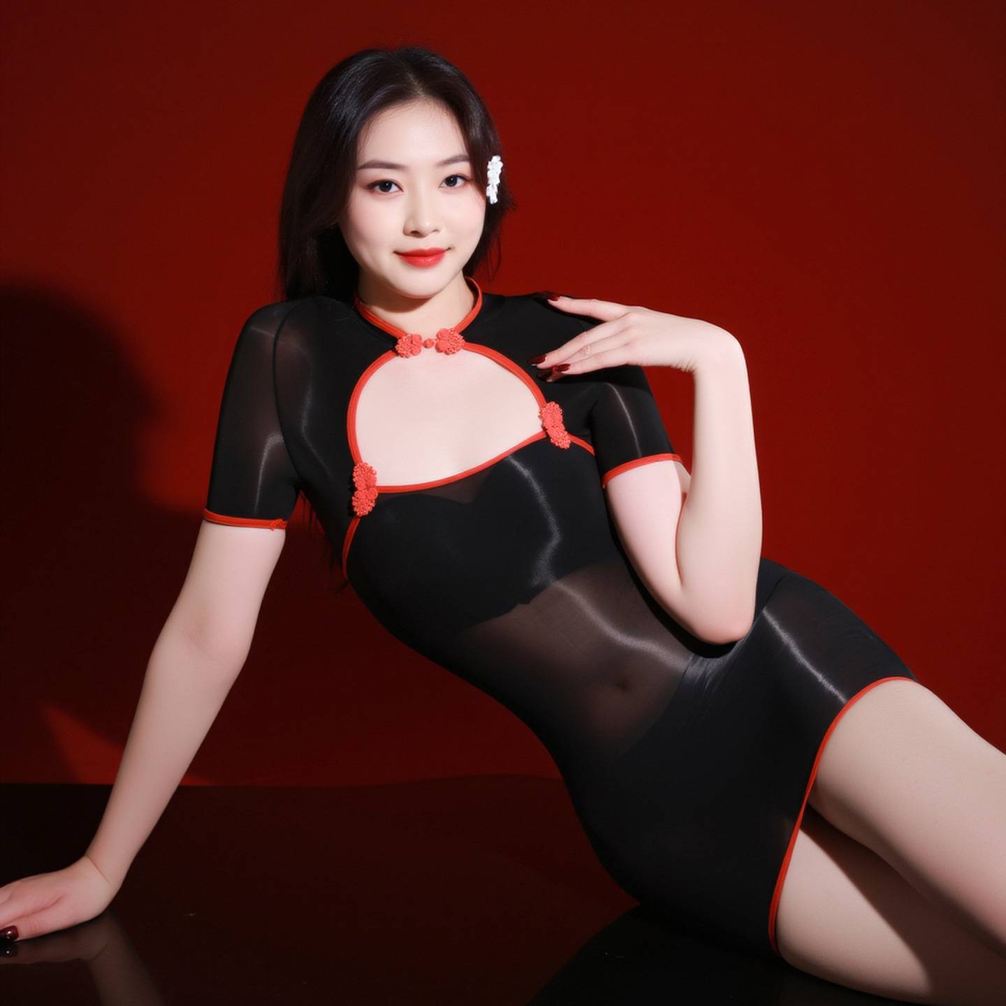 马油连体紧身包臀裙黑丝诱惑旗袍中式油亮性感丝袜情趣内衣纯欲女