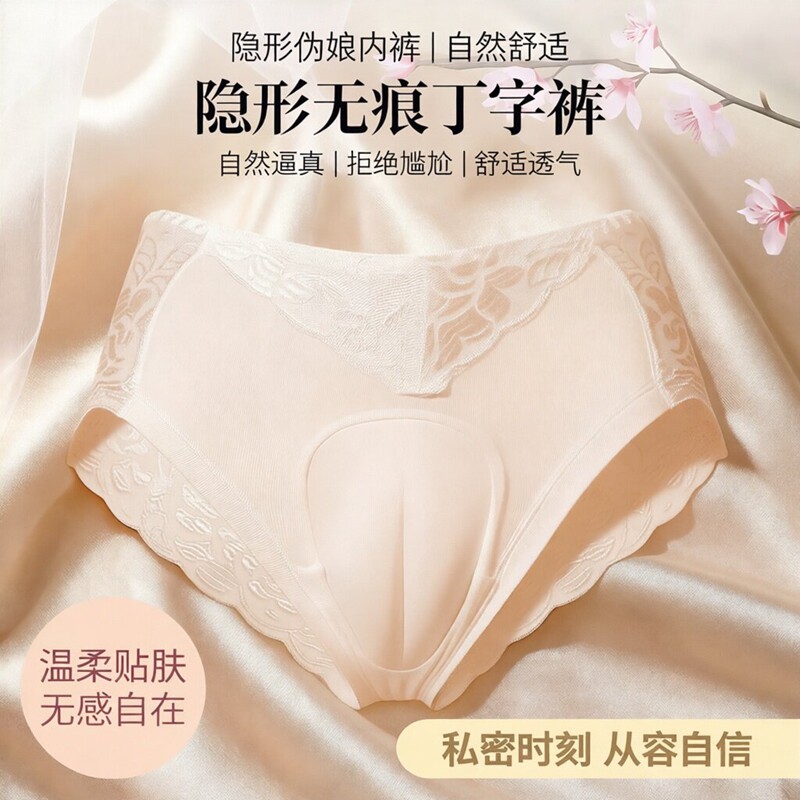 大码CD伪娘蕾丝透明男扮女变装内裤性感大佬男假阴隐藏jj三角裤头
