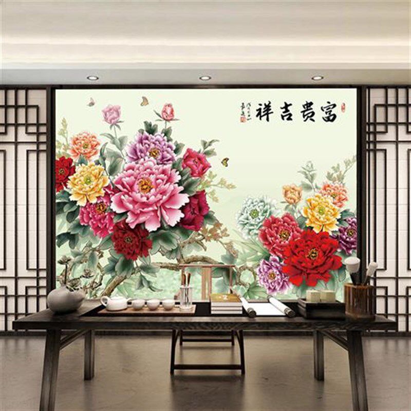 新中式壁纸牡丹花鸟卧室客厅背景沙发墙纸壁布墙布定制电视背景墙