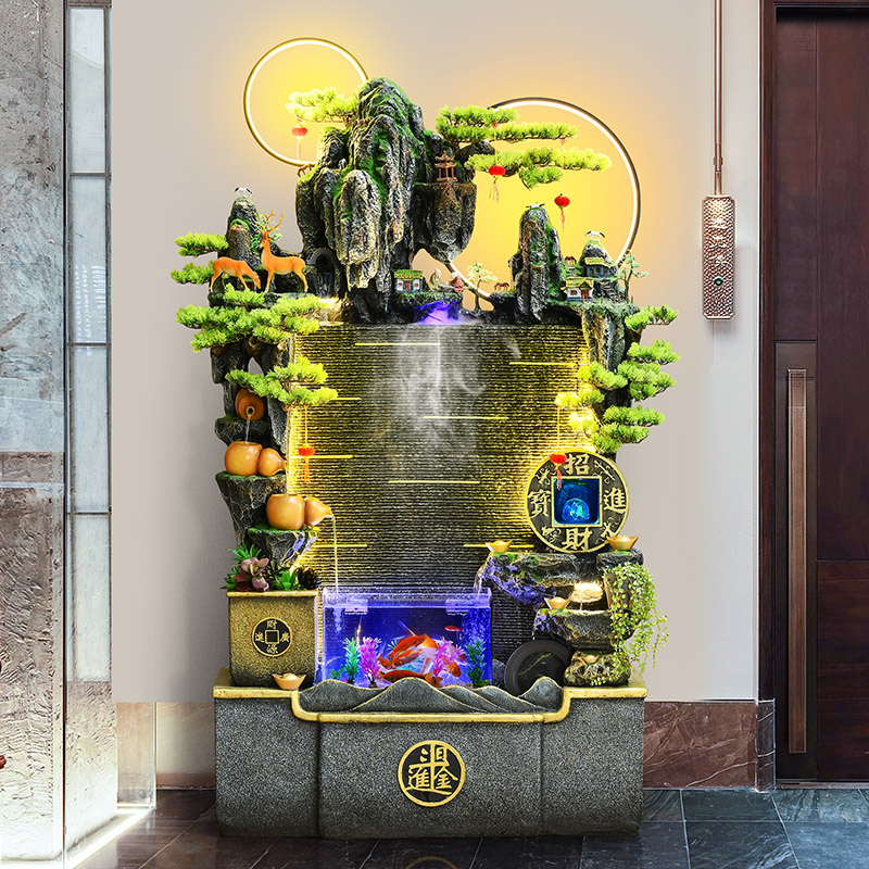 假山流水墙水f幕喷泉鱼缸客厅玄关养鱼加湿器装饰落地田园景观摆