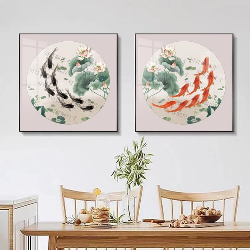 八鱼图招财鲤新中式装饰画餐厅墙面玄关挂画饭厅壁画八条鱼装饰画