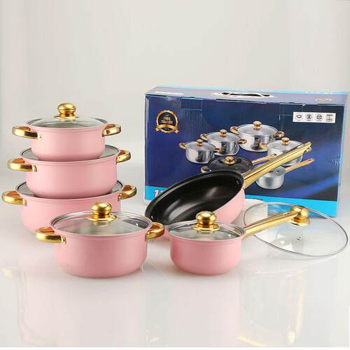 跨境出口炫彩不锈钢套锅不粘锅12件套镀金把手cookware set pots