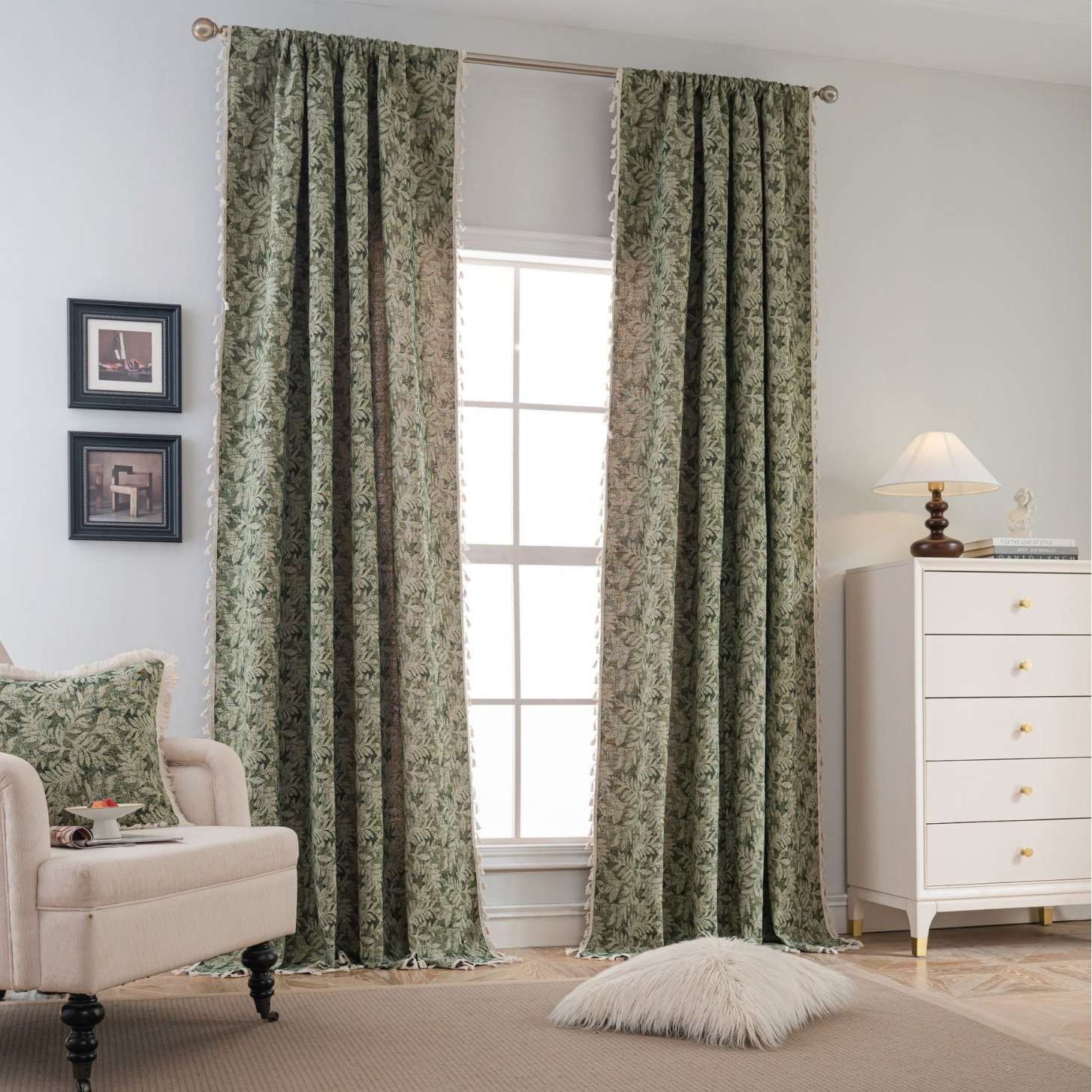 现货 法式成品窗帘绿色树叶提花全遮光隔热窗帘客厅卧室儿童房