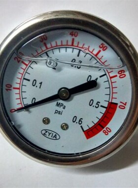 YN-60Z-U 0-0.6MPA 80PSI 轴向充油耐震压力表 zyia 轴向水压力表
