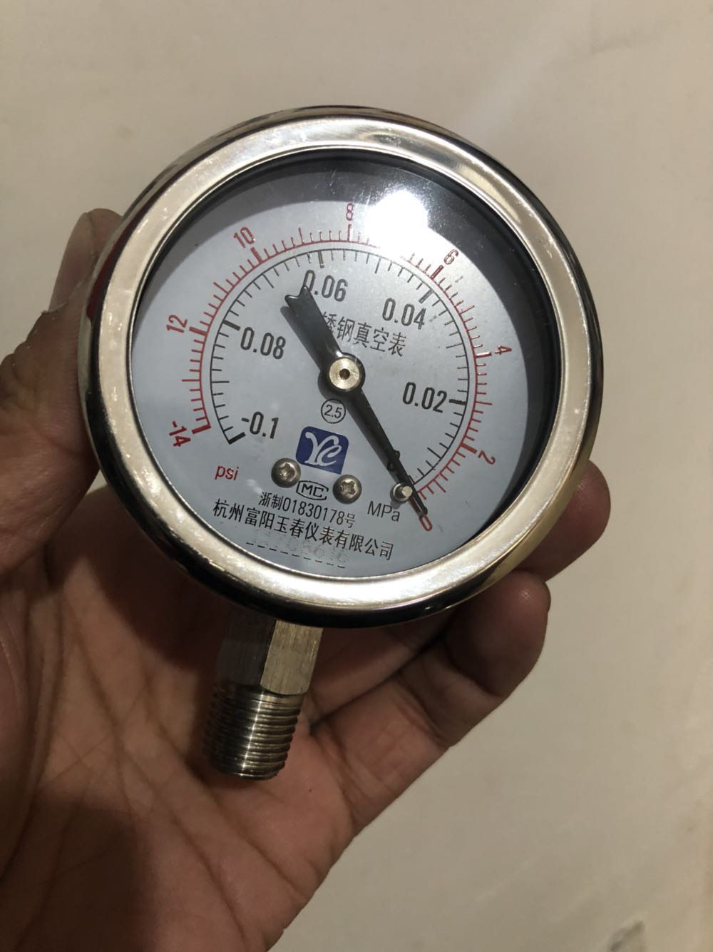Y60BF不锈钢真空表-0.1-0Mpa富阳玉春仪表