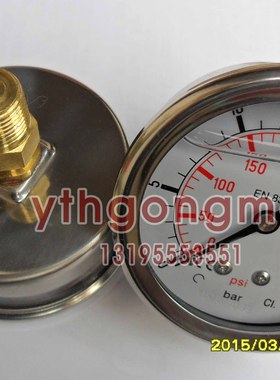 YN-63Z 0-25BAR/0-350PSI  抗震压力表,水压表,油压表2分牙