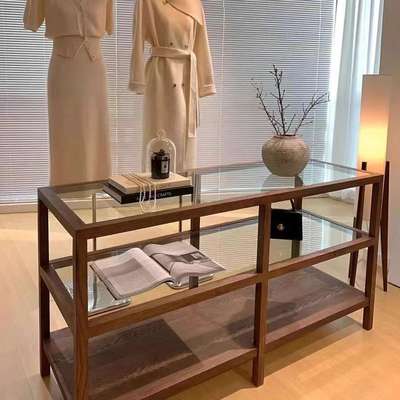 服装店胡桃色实木中岛柜女装店陈列中间摆台饰品展示架玻璃中岛台