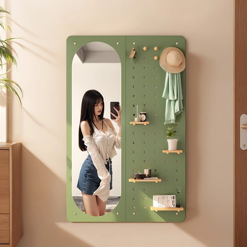 实木洞洞板置物架带镜家用挂墙穿衣镜玄关壁挂衣帽架一体落地镜子