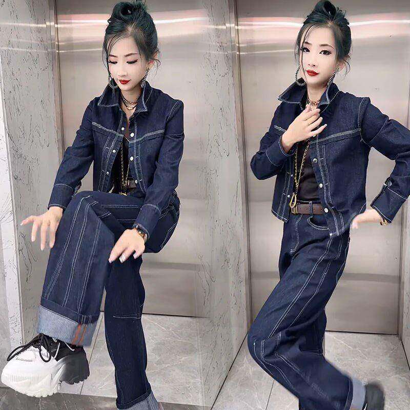 版欧货牛仔两件套装女时2DG1661B尚宽季松大码秋新款韩气套质直筒
