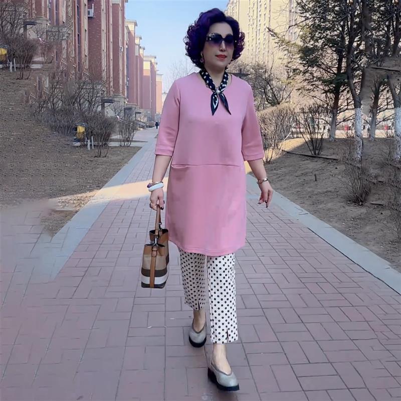 高贵气质春夏洋气妈妈宽松遮肚子中长款大版衫空气棉X遮肉两件套