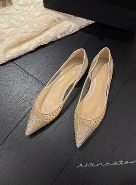 26年夏季 温柔似你~香槟v色尖头水钻网纱平底凉鞋女烫钻透明平底