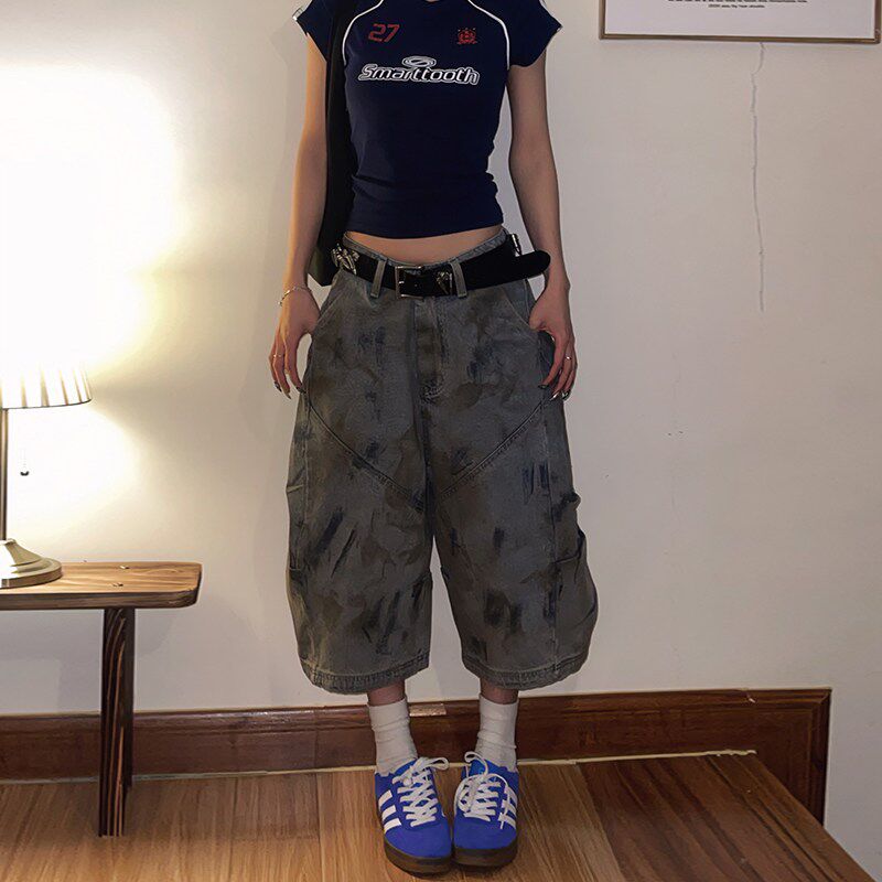 Double D黄泥染重工脏洗牛仔七分裤女宽J松bf美式街头情侣阔腿裤