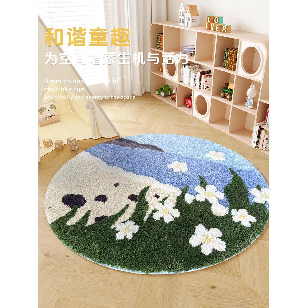卡通童房绿色卧农场圆形地毯室爬行儿床边毯阅子DGC读区书桌地毯