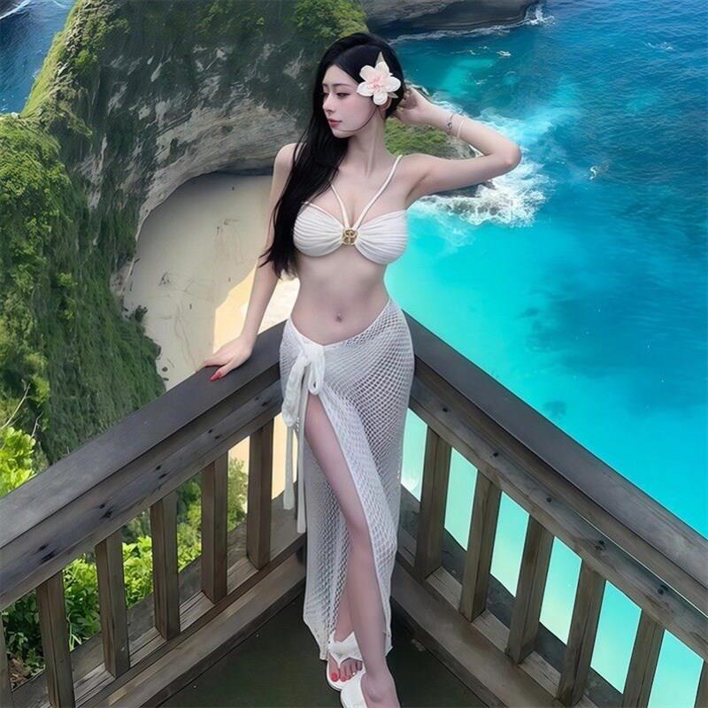 白色纯欲比基尼三件套女金属扣抹胸E泳衣网纱罩裙海边度假游泳装