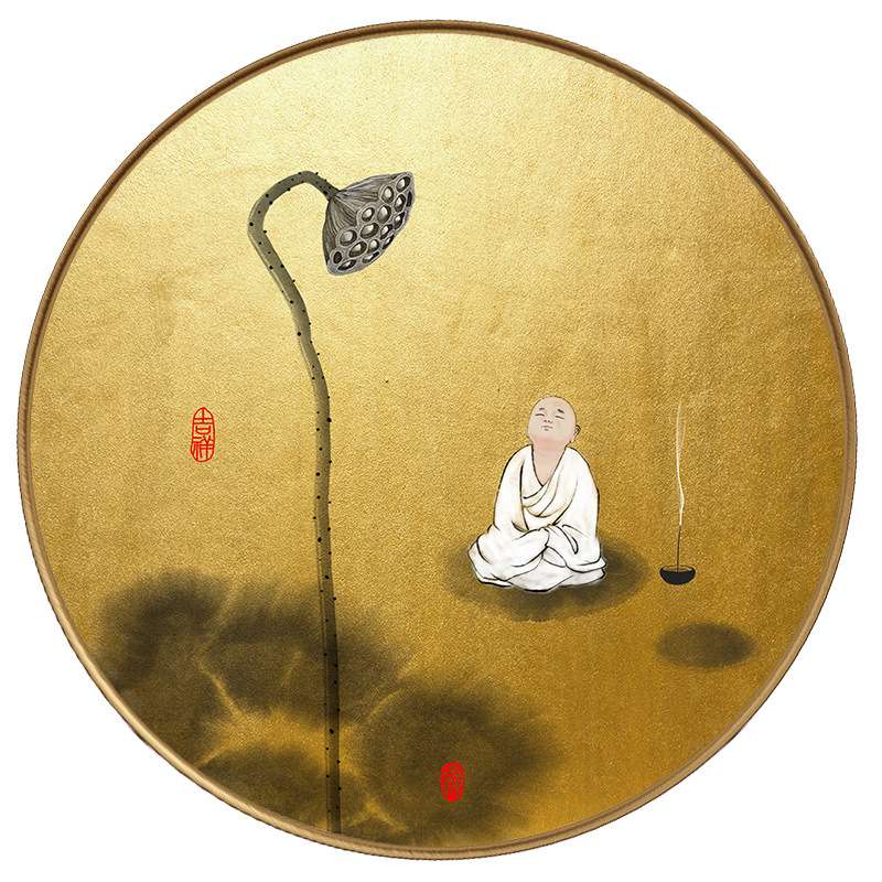 金色禅意画新中式轻奢玄关装饰画现代餐厅书房圆形挂画客厅墙壁画图片