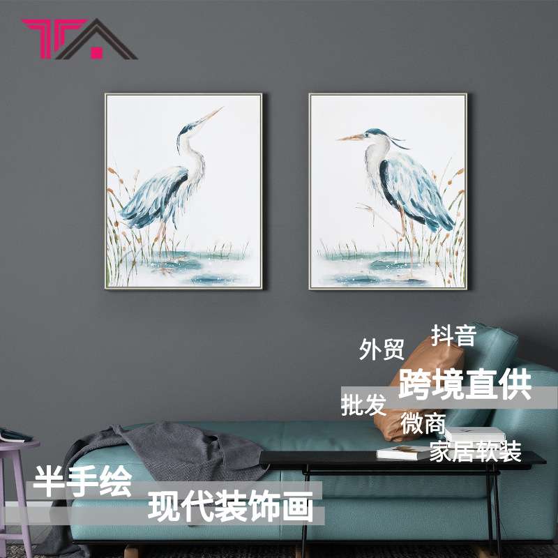 半手绘中式栖鸟动物油画现代客厅挂画餐厅墙画家居装饰画新中式图片