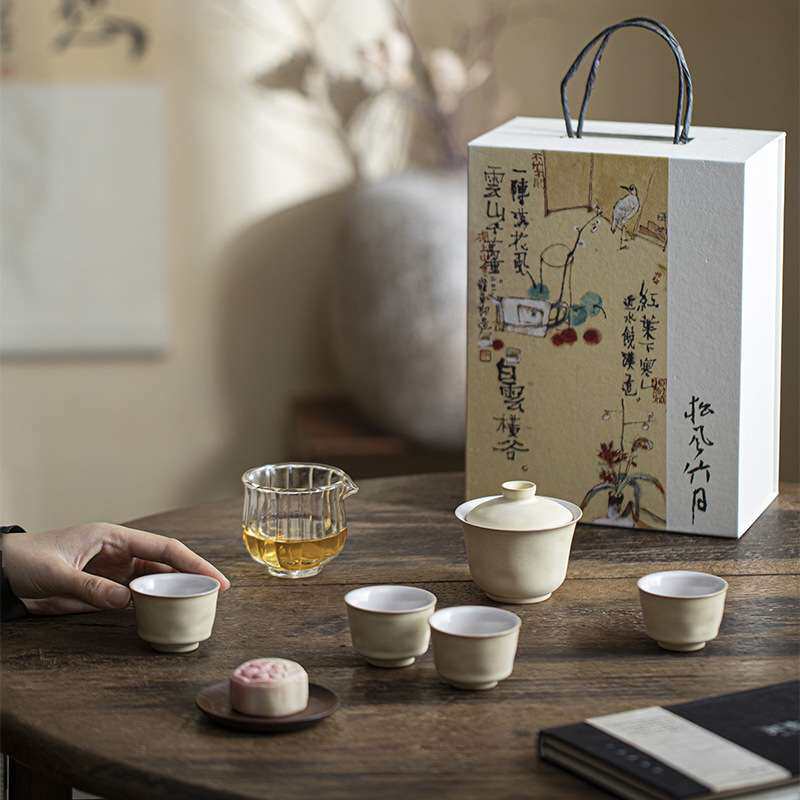墨己日式粗陶家用茶具套装功夫茶具随手礼莲子白空蝉盖碗四杯套组