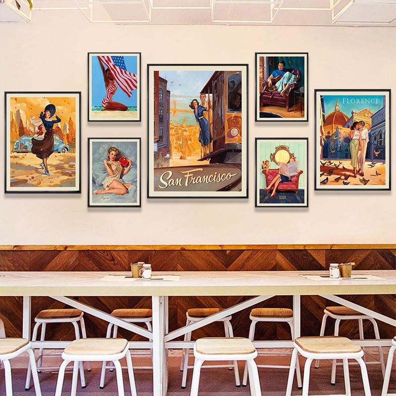 酒吧装饰画世界城市复古抽象人物手绘画餐吧酒馆挂画工业风壁画图片