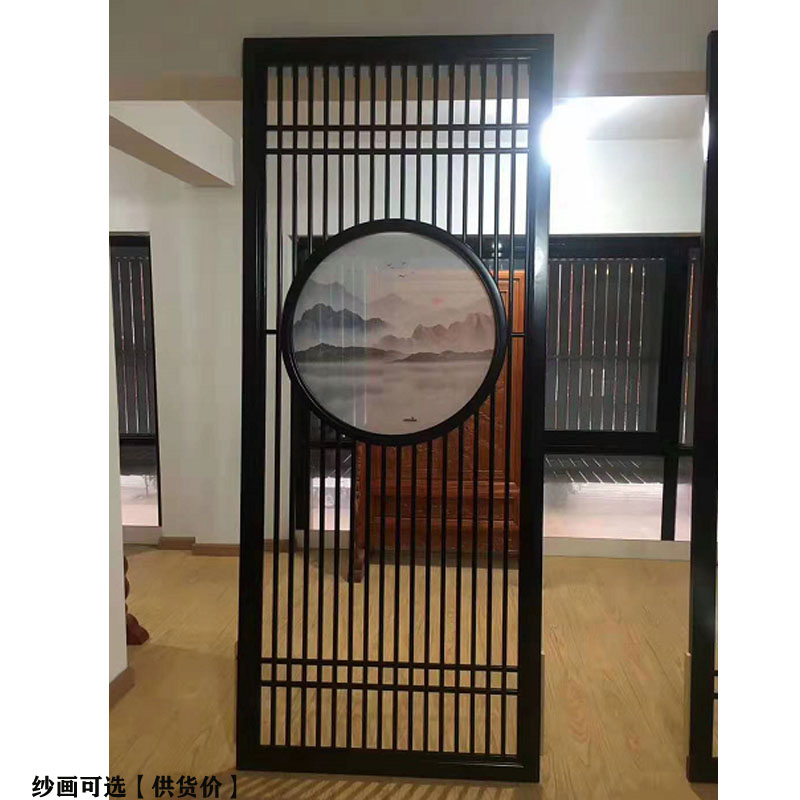 新中式隔断镂空中式屏风玄关座屏半透纱画圆形半透明简中客厅花格