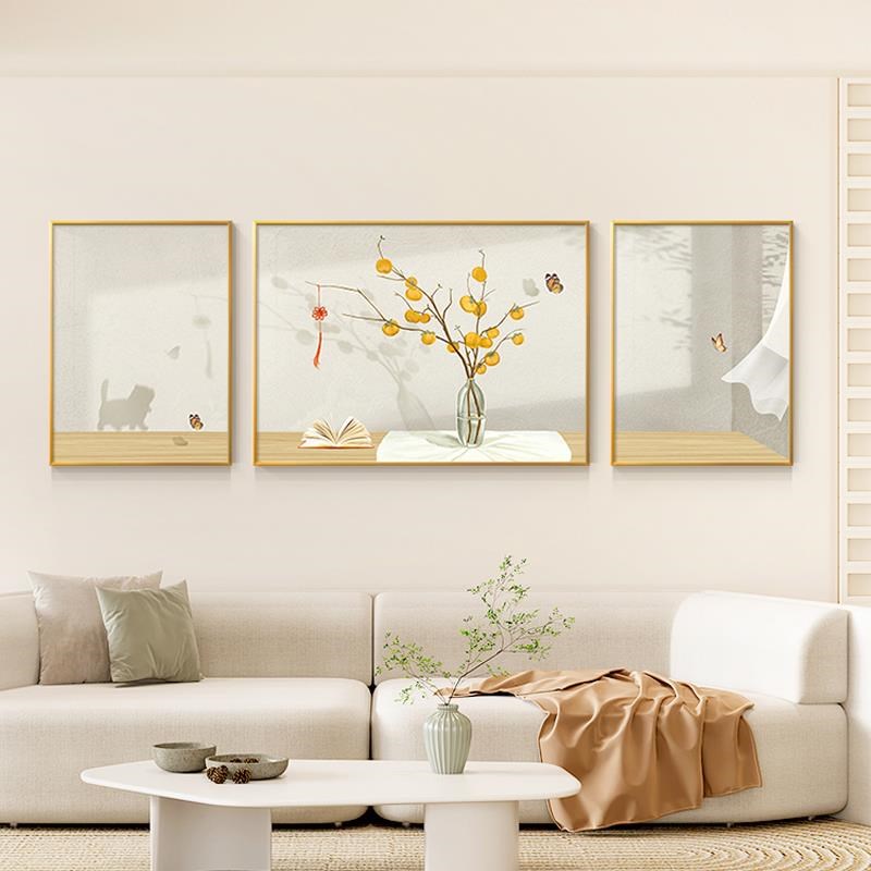 客厅壁画沙发背景墙高档次三连装饰画F绿植光影现代简约挂画小清