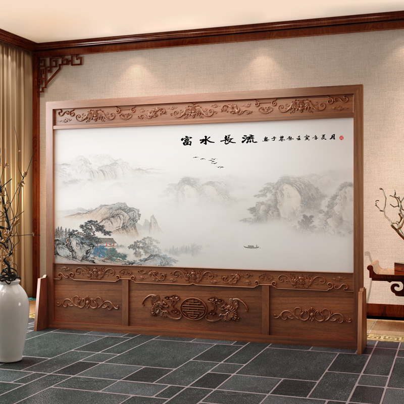 新中式酒店大堂学校隔断企业遮挡单位实木屏风办公客厅布艺座屏