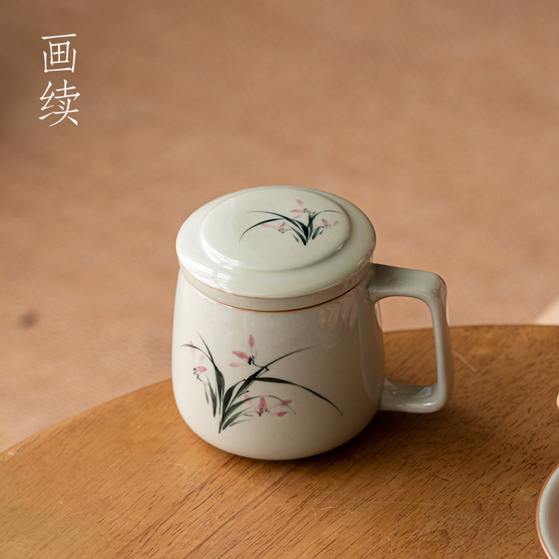 画续草木灰手绘兰k花泡茶杯茶水分离陶瓷办公室茶具杯子过滤马克