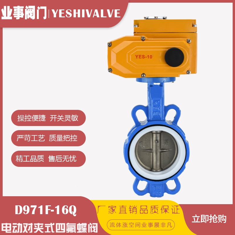 D971F-16耐腐酸碱对夹式220V电动四氟蝶阀DN50 65 80 100 150 200