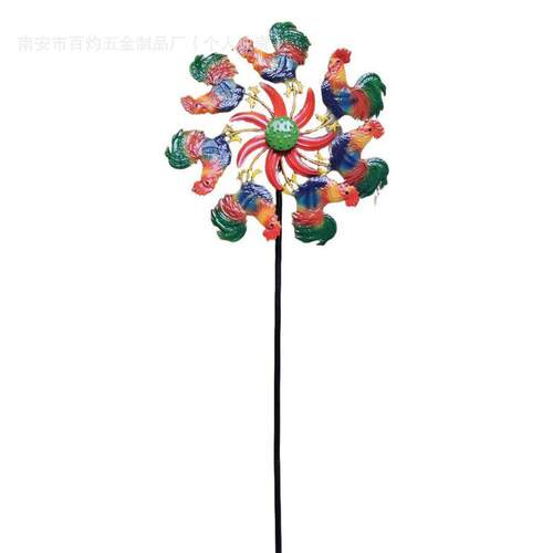 跨境花园庭院景观装饰摆件铁艺公鸡造型面旋转风车金属落地插件
