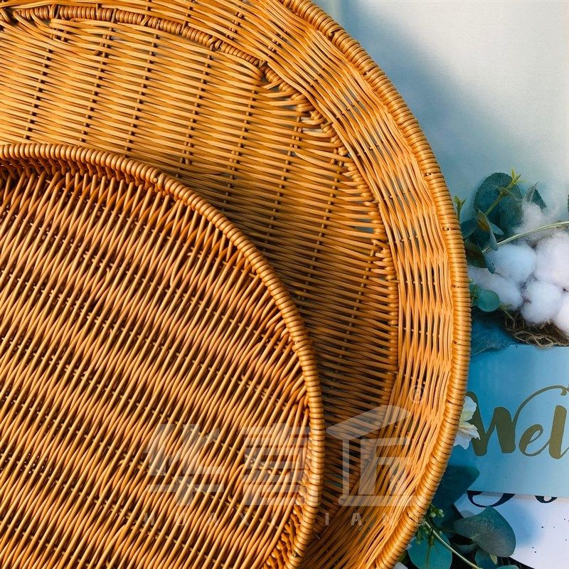 W952簸箕圆形晒筐仿藤茶色家用收纳筐拖盘组合手工编织50*7/35*6