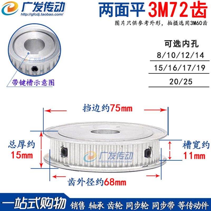3M72齿/T 同步轮 两面平 槽宽11 同步皮带轮 11AF型 内孔8-25
